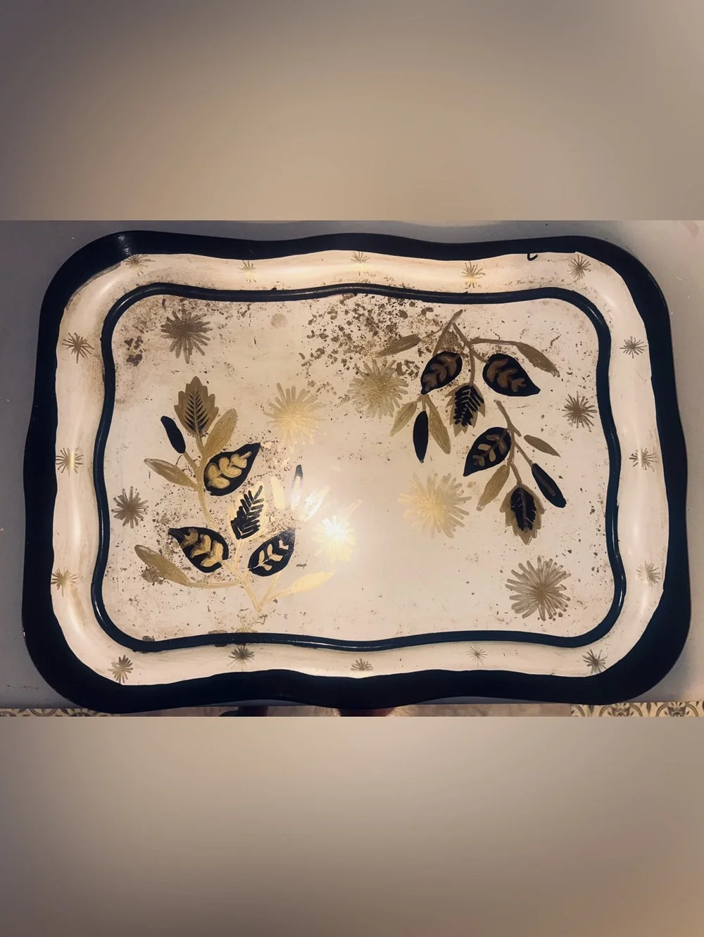Vintage Decorative MCM Metal Starburst Serving Tray Black Gold Floral Pattern